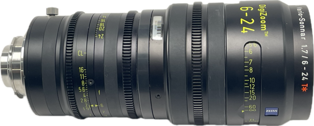 Only the ZEISS DigiZoom™ 6-24mm T1.9 capitalizes on the legacy of the technical innovations established by Carl Zeiss DigiPrime® lenses. And this compact performer comes with significant engineering marvels of its own. It embodies a masterful combination of elegantly proportioned design, sublime functionality & outstanding performance. Plus the

6-24mm optimizes the potential of leading-edge 2/3″ electronic cinematography

cameras like no other zoom.

Compact and Powerful
Engineered to offer big performance in a small package, Carl Zeiss DigiZoom lenses are surprisingly compact and lightweight. At just 9.8″ (249mm), the 6-24mm is sure to fit the bill for handheld, remote and Steadicam work.

Featuring all the standard cine-style accoutrements, and then some, this 4X zoom is equally advantageous in a studio situation, fully outfitted with cine mattebox, bridge-plate, as well as focus, zoom, and iris motors. The ZEISS telephoto 17-112mm is a compact powerhouse. Only 11.8″ (300mm) long and weighing under 9 pounds (4 kg), this 6.5X optic is substantially smaller and lighter than any other high-performance telephoto available.

Equipped for Ease of Use
Designed for easy operation and maximum compatibility with cine style accessories, the ZEISS DigiZoom* 6-24mm I1.9 and Telephoto DigiZoom 17-112mm T1.9 share many features with the popular DigiPrime® family. Like industry standard pitch integral zoom, focus and iris gears and brightly-marked oversized windowed cine scales, readable from either side of the lens. Focus scales are individually calibrated to provide pinpoint accuracy. And, like most of the DigiPrime series, both lenses feature a 95mm front diameter.

Zeiss Precision Back-Focus
The Carl Zeiss revolutionary back-focus mechanism guarantees accurately maintained focus scale calibration across the focusing range. Of course, DigiZoom lenses are fully compatible with the ZEISS Sharp Max™ Universal Back-Focus Alignment device.

9 Blade Iris
Carl Zeiss DigiZoom and DigiPrime lenses utilize the same innovative iris design for unequaled performance, free from lag, slop, or backlash.

Internal Focusing Design & Close Focusing
These innovative optics incorporate the singular Carl Zeiss Internal Focusing Design for top performance – center to corner – over the entire focus and zoom range, a consistent center of gravity, minimum balance shift, and no measurable breathing. What’s more, the ZEISS DigiZoom 6-24mm focuses to just 22″ from the image plane — a close-focusing 11″ from the front of the lens. The extraordinary Telephoto 17-112mm focuses to just 30″ from the image plane, less than 5″ from the front of the lens.

Low Light Performance
Like all Carl Zeiss precision optics, DigiZoom lenses are designed to offer optimum performance in low light situations with the aperture fully open. The ZEISS design provides unsurpassed contrast control by minimizing flare, veiling glare, and internal reflections well below other cine lenses. Users will enjoy superior relative illumination and high resolution over the entire screen edge-to-edge, throughout the focal and zoom range.

Perfect Color Match
For exceptional color characteristics, Carl Zeiss carefully selects superior quality optical glass, then applies proprietary coatings. Both lenses are precision engineered to accurately color match and seamlessly intercut images made with members of the Carl Zeiss DigiPrime family.
